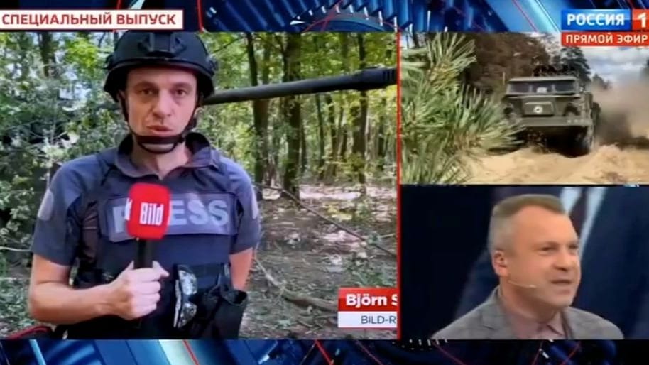 Drohungen im russischen Staatsfernsehen: In der Sendung "60 Minuten" droht Duma-Politiker Aleksej Schurawljow westlichen Journalisten, die aus der Ukraine berichten.