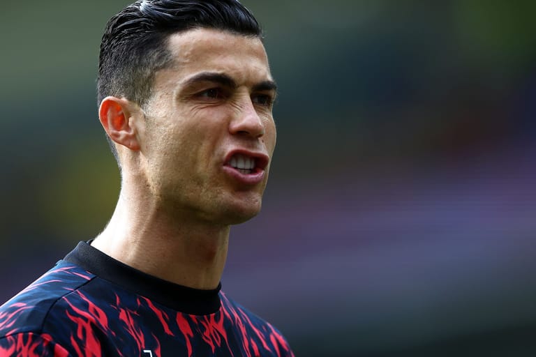 BRIGHTON, ENGLAND - MAY 07: Cristiano Ronaldo of Manchester United looks on during warm up for the Premier League match between Brighton & Hove Albion and Manchester United at American Express Community Stadium on May 07, 2022 in Brighton, England.
