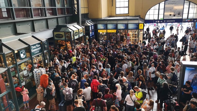 Von der Wandelhalle, dem Bahnhofsgebäude in Hamburg, drängen zahlreiche Menschen in Richtung Gleise.