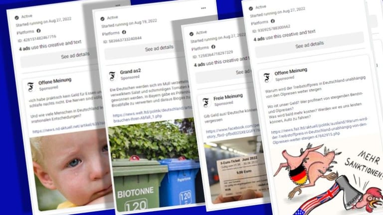 Anzeigen für Fake-Artikel: Das waren Postings zu prorussischer Propaganda, die Facebook am Wochenende noch gegen Geld Nutzern anzeigte.