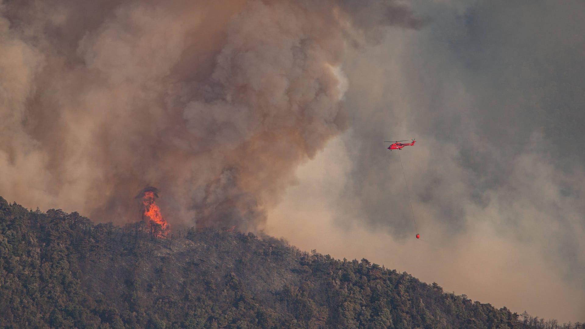 Ein Helikoptereinsatz bei einem Waldbrand in Frankreich: Das Innenministerium will 1.000 zusätzliche Feuerwehrleute an die Atlantikküste entsenden.