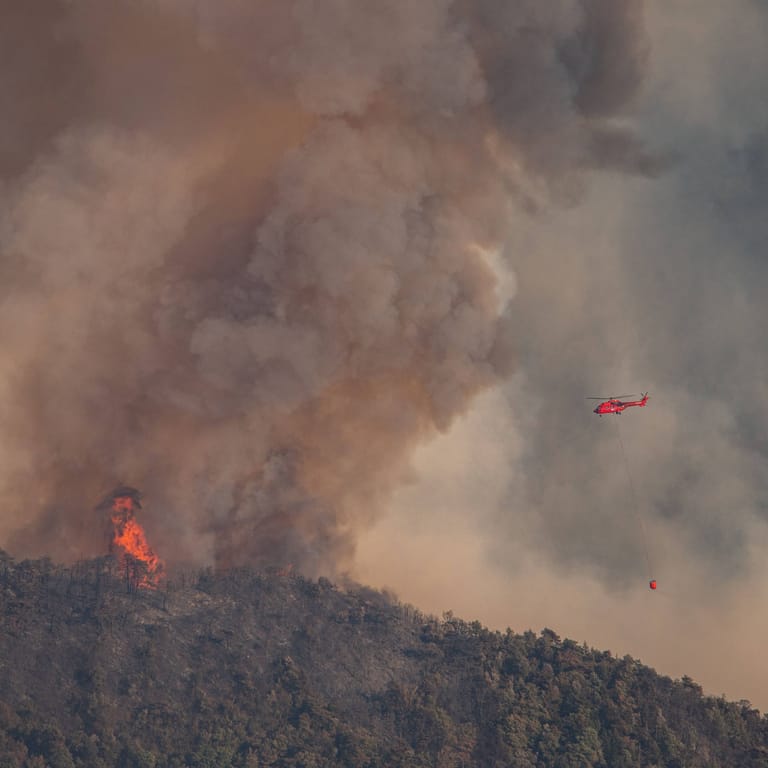 Ein Helikoptereinsatz bei einem Waldbrand in Frankreich: Das Innenministerium will 1.000 zusätzliche Feuerwehrleute an die Atlantikküste entsenden.