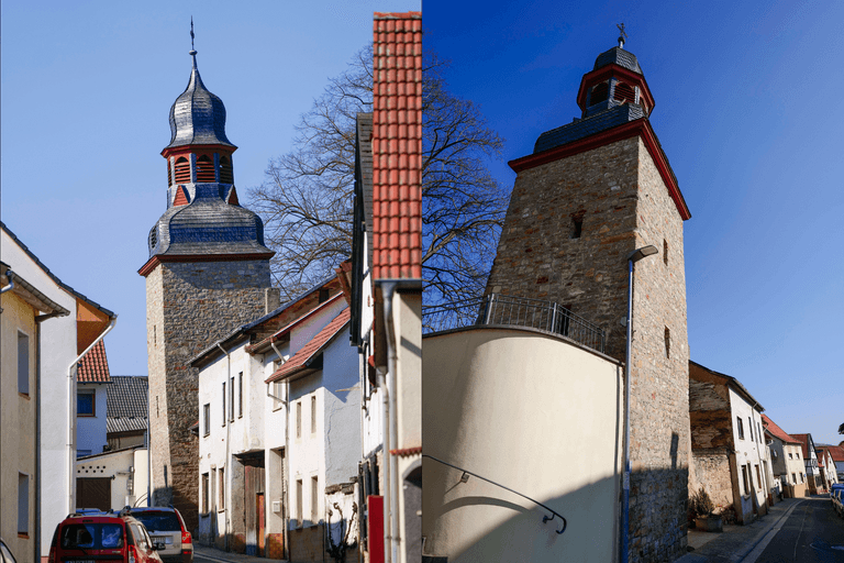 Der mittelalterliche Glockenturm von Gau-Weinheim hat eine Schieflage.