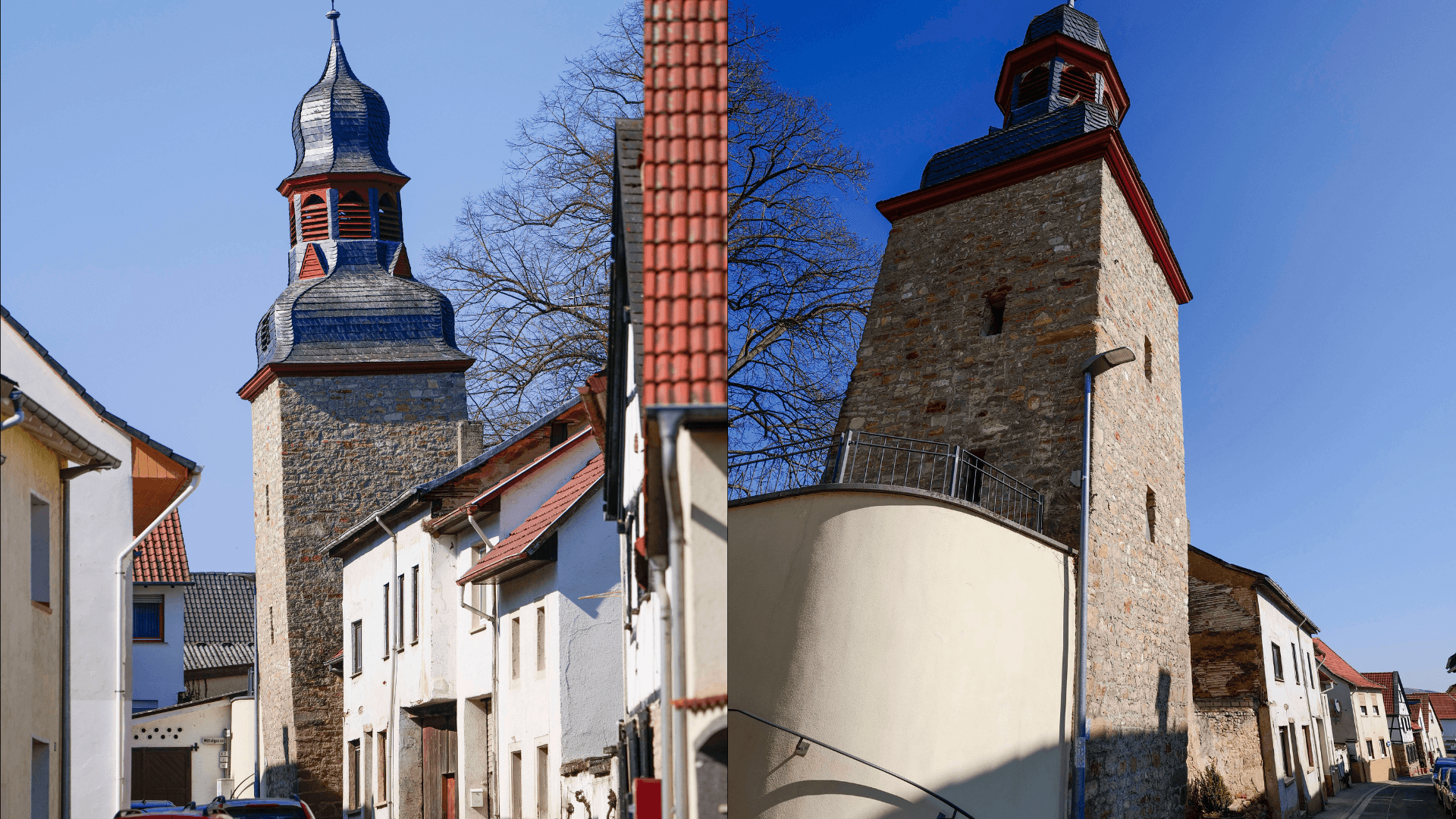 Der mittelalterliche Glockenturm von Gau-Weinheim hat eine Schieflage. Der mittelalterliche Glockenturm von Gau-Weinheim hat eine Schieflage.