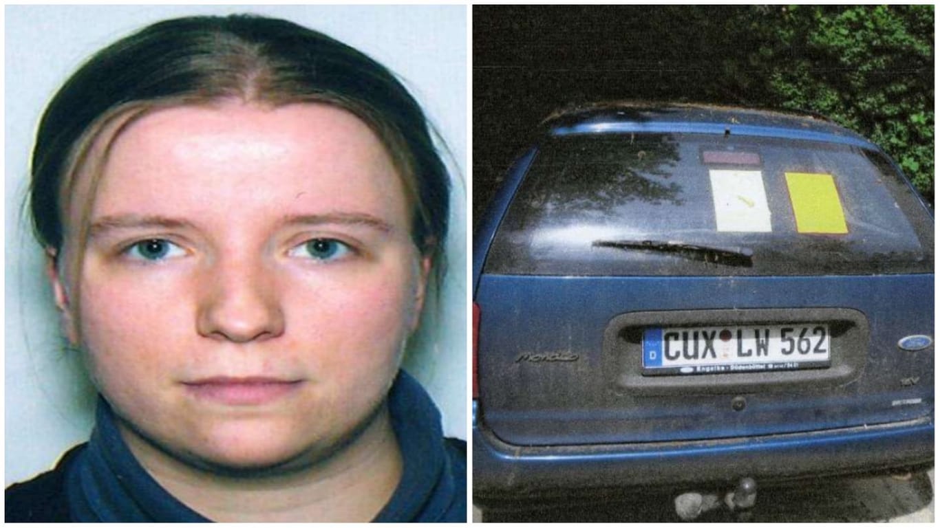 Ein Foto der vermissten Nancy Köhn sowie ihres Fahrzeugs, einem blauen Ford Mondeo mit dem amtlichen Kennzeichen CUX – LW 562.