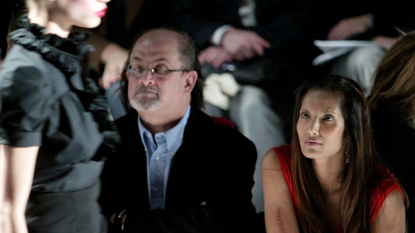 NEW YORK - FEBRUARY 05: Actress Padma Lakshmi and her husband Salman Rushdie attends the Diane Von Furstenberg Fall 2006 fashion show during Olympus Fashion Week at Bryant Park in New York City. (Photo by Peter Kramer/Getty Images for Diane Von Furstenberg)
