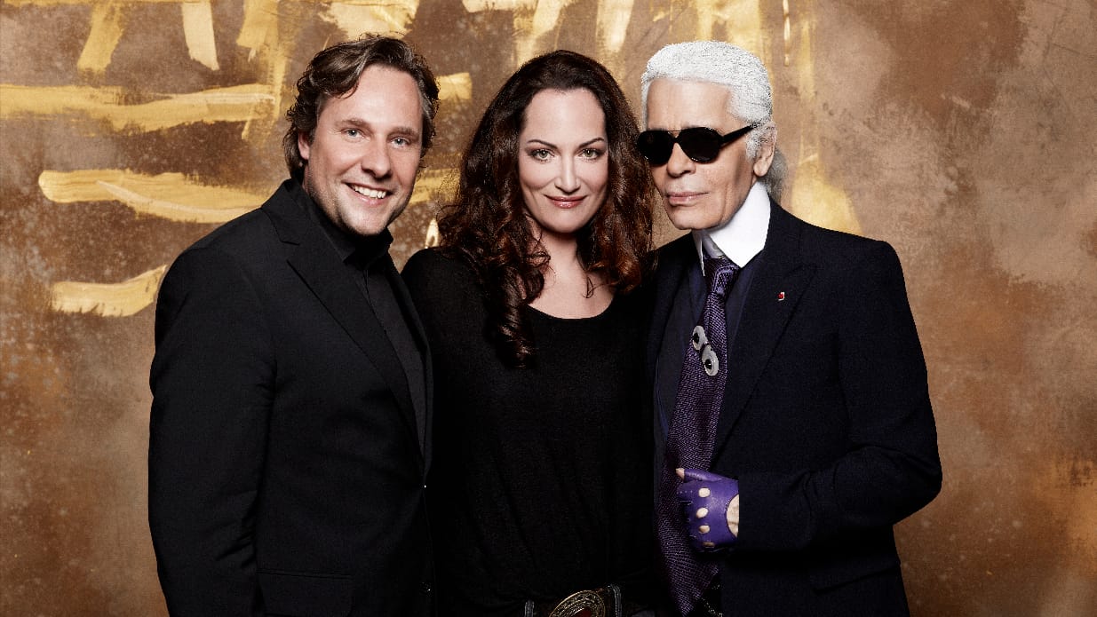 "Playboy"-Chefredakteur Florian Boitin mit Natalia Wörner und Karl Lagerfeld.