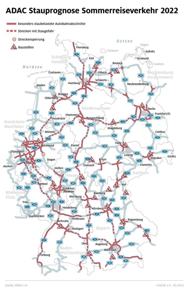 Stauprognose: Das sind die staugefährdeten Autobahnen im Sommerreiseverkehr 2022.