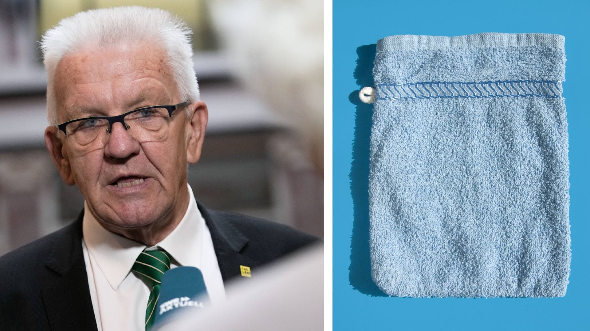 Winfried Kretschmann neben einem Waschlappen (Symbolbild): Die Energiespartipps des baden-württembergischen Ministerpräsidenten kommen nicht bei allen gut an.