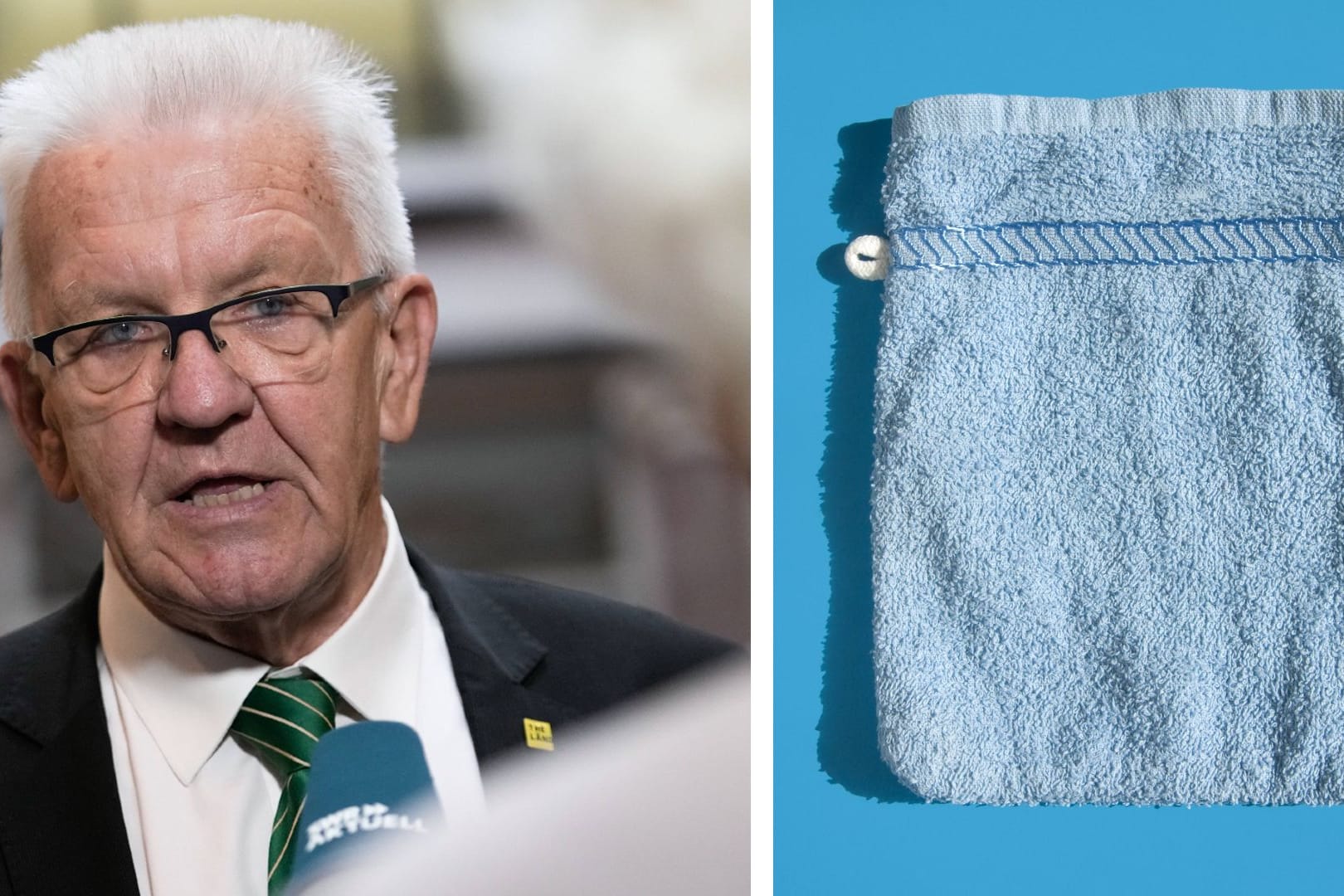 Winfried Kretschmann neben einem Waschlappen (Symbolbild): Die Energiespartipps des baden-württembergischen Ministerpräsidenten kommen nicht bei allen gut an.