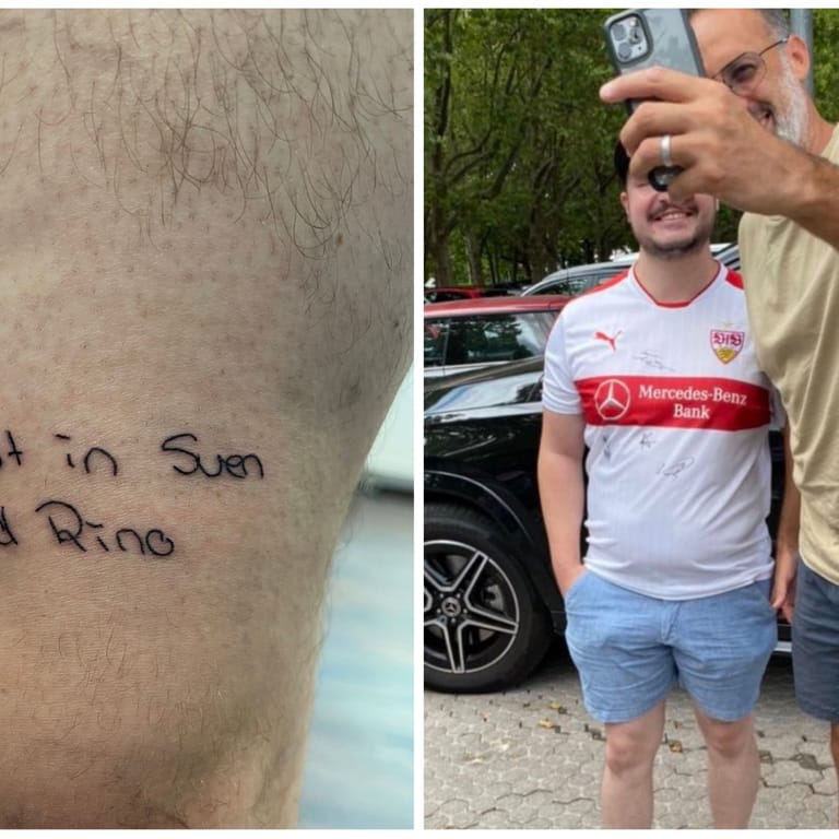 Links im Bild das berühmt gewordene "Verliebt in Sven und Rino"-Tattoo: Das gefällt auch VfB-Cheftrainer Pellegrino Matarazzo (rechts), der VfB-Fan Manu um ein Selfie bat.