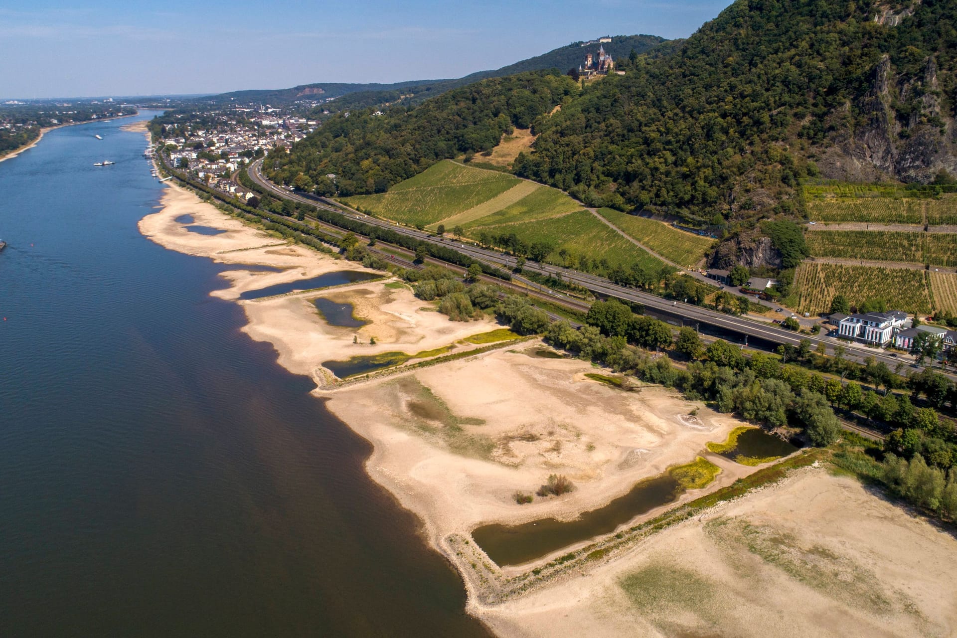 Sand und Geröll am Ufer des Rheins auf der Höhe von Bad Honnef: Frachtschiffe können wegen des Niedrigwassers nur noch zur Hälfte beladen werden.