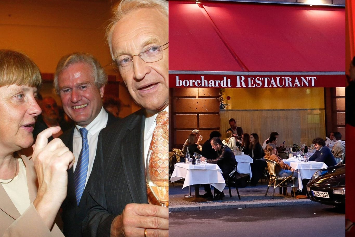 Angela Merkel, Edmund Stoiber und Cathy Hummels im Borchardt (Montage): Um das Berliner Promilokal ranken sich zahlreiche Mythen.