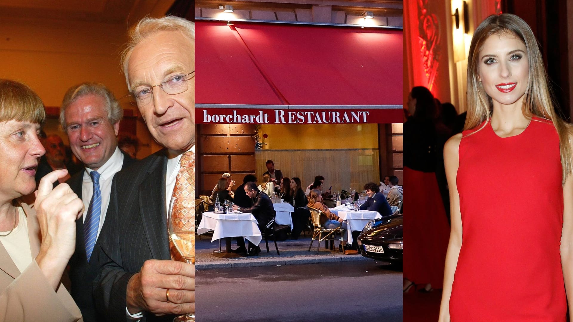 Angela Merkel, Edmund Stoiber und Cathy Hummels im Borchardt (Montage): Um das Berliner Promilokal ranken sich zahlreiche Mythen.