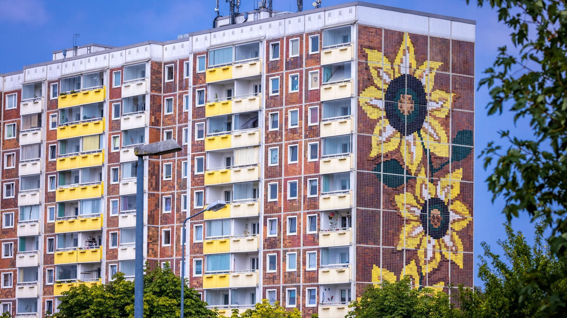 Das sogenannte Sonnenblumenhaus in Rostock-Lichtenhagen: Vor dem damaligen Asylbewerberheim kam es vor 30 Jahren vier Tage lang zu rassistischen Angriffen von Rechtsextremen.