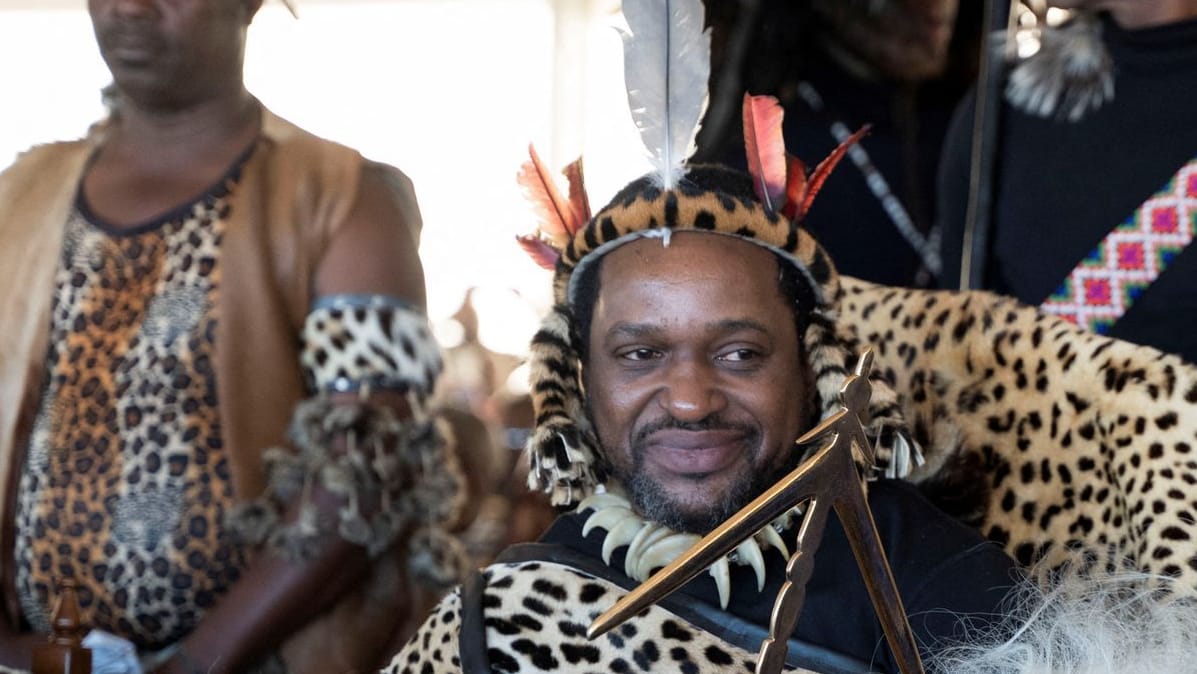 Zulu monarch King Misuzulu ka Zwelithini smiles during a traditional ceremony ahead of his coronation in Nongoma