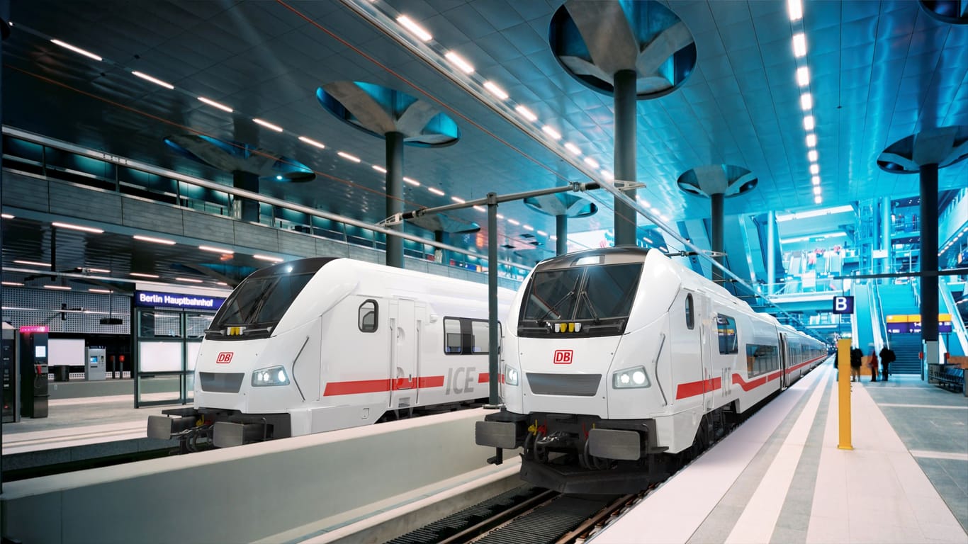 Eine Visualisierung zeigt die neuen ICE L-Züge: Hier stehen zwei Steuerwagen am Hauptbahnhof von Berlin.
