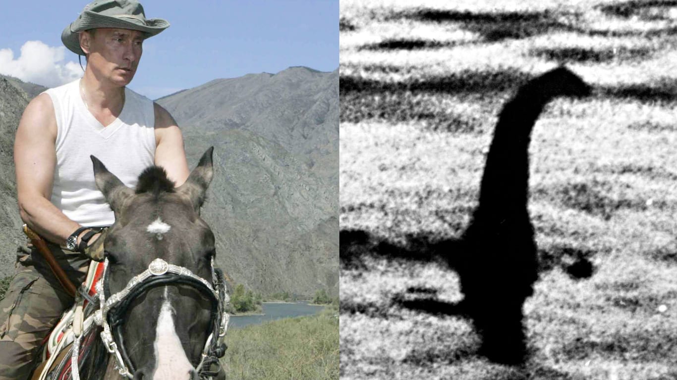 Collage: Putin auf einem Pferd und das Urzeitmonster Nessie.