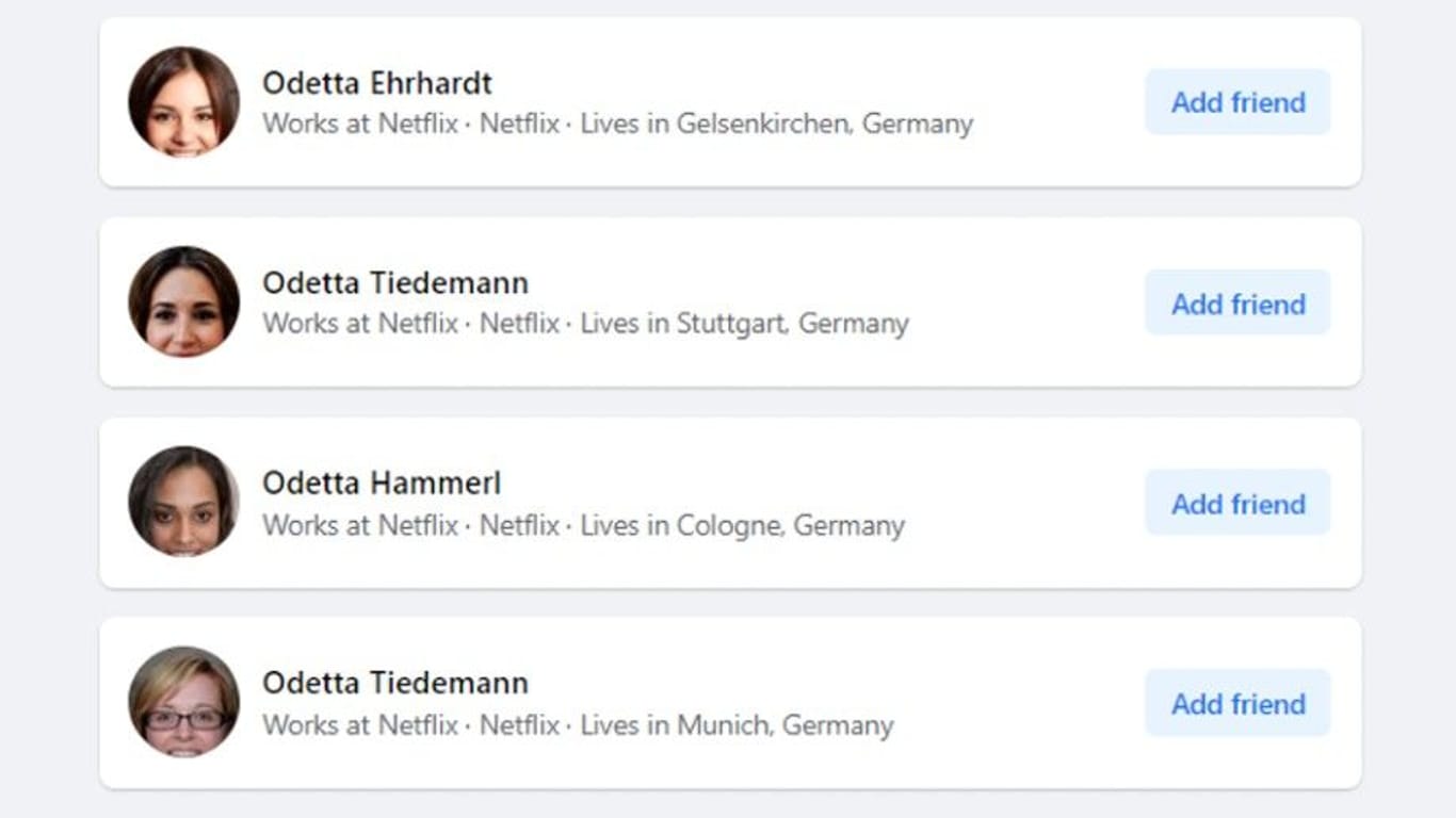 Die Odettas von Netflix: Alle Accounts sind aus dem Mai und Juni und haben künstlich erzeugte Bilder.