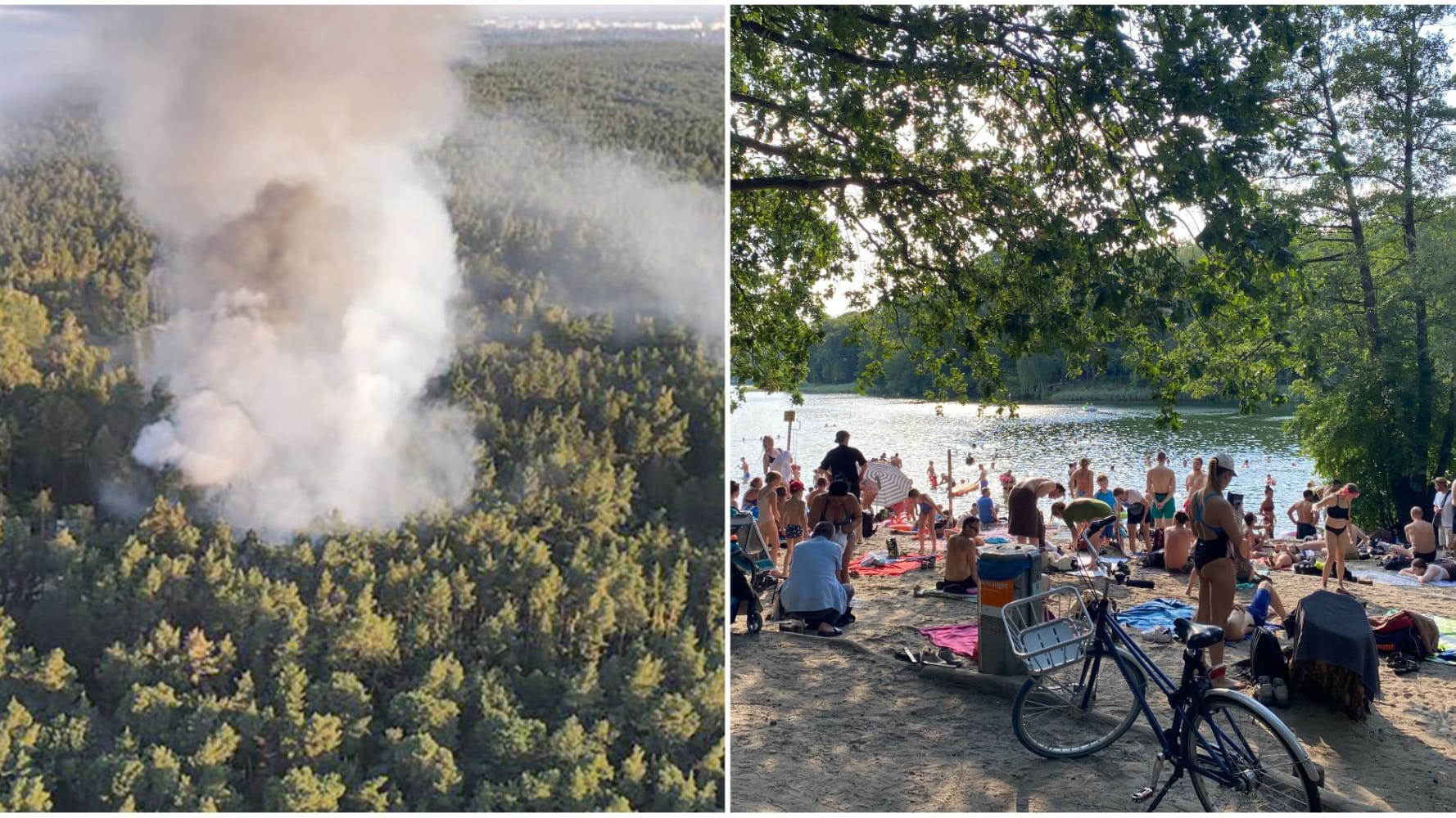 Rauchsäule über dem Grunewald, Badende an der Krummen Lanke: Zwischen den beiden Orten liegen wenige Kilometer.