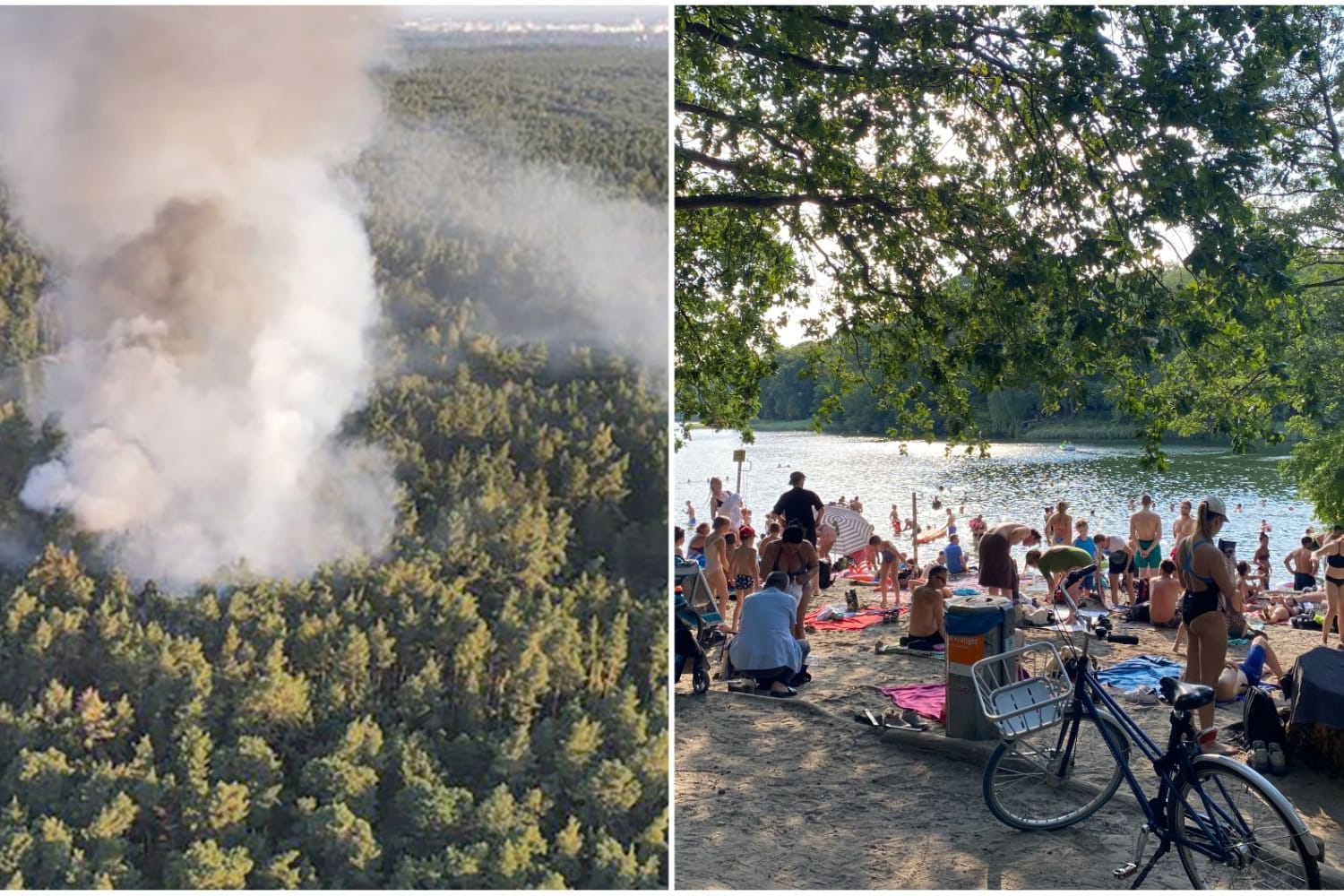 Rauchsäule über dem Grunewald, Badende an der Krummen Lanke: Zwischen den beiden Orten liegen wenige Kilometer.