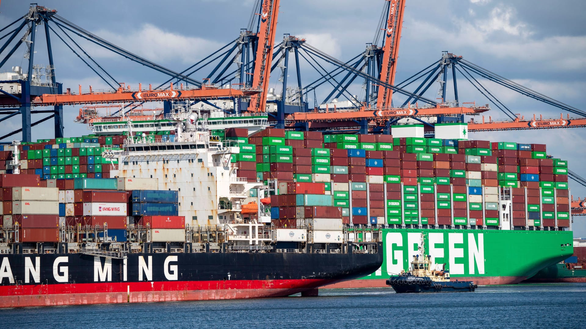 Containerschiffe im Hafen von Rotterdam (Symbolbild): Diverse Krise belasten die deutsche Konjunktur. Das zweite Halbjahr könnte noch schlechter laufen.