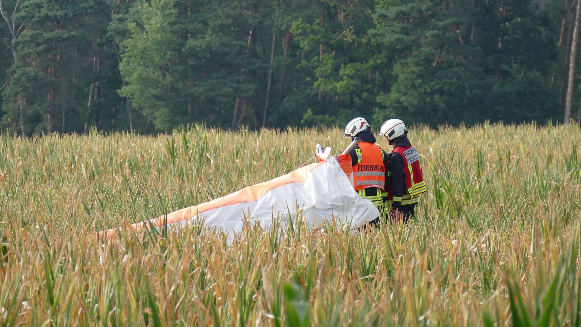 Einsatzkräfte der Feuerwehr stehen auf einem Feld am Absturzort: Zwei Menschen starben.