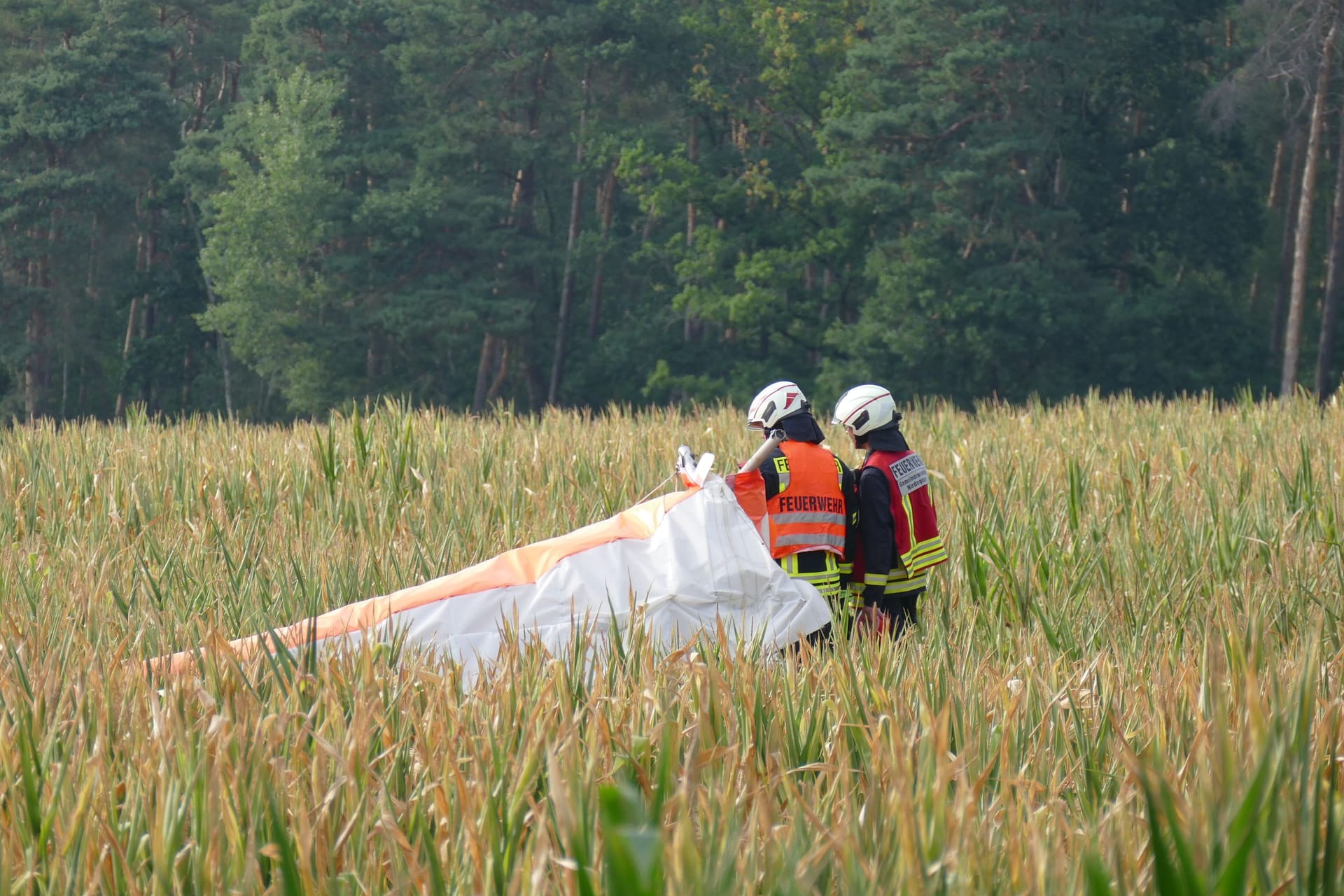 Einsatzkräfte der Feuerwehr stehen auf einem Feld am Absturzort: Zwei Menschen starben.