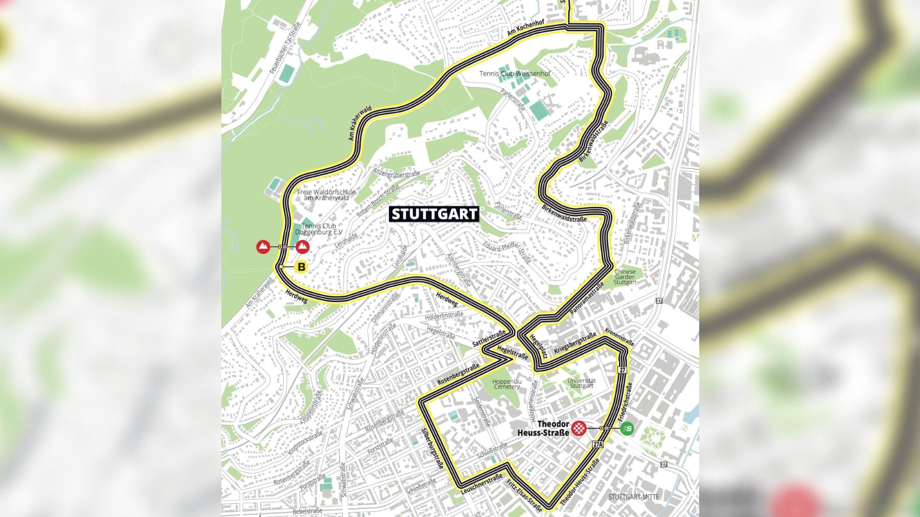 Der Streckenverlauf in der Stuttgarter Innenstadt: Dreimal fahren die Profis im Kreis ehe der Schlusssprint in der Theodor-Heuss-Straße ansteht.