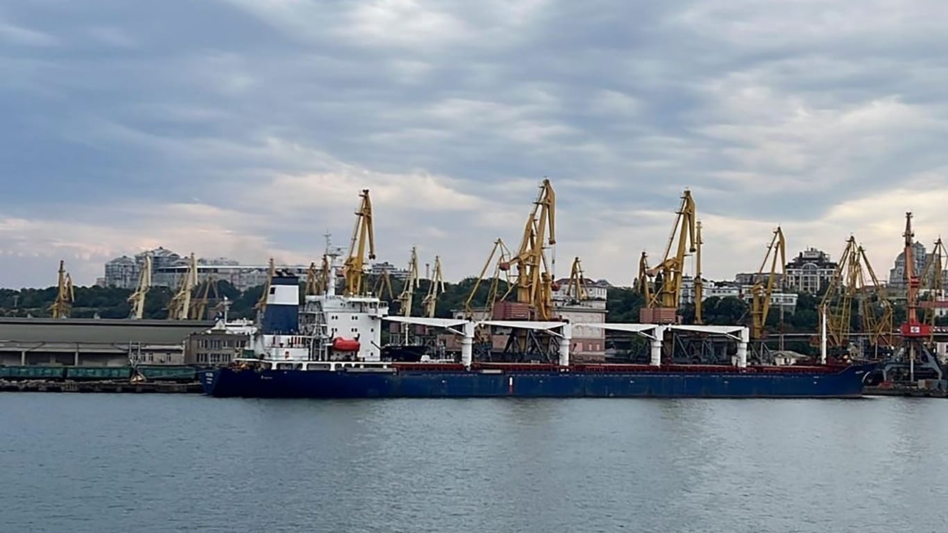 Das Frachtschiff Razoni – beladen mit Getreide – im Hafen von Odessa (Archivbild): Heute soll es in der Türkei inspiziert werden.