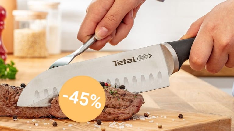 Das Messerset von Tefal beinhaltet ein Fleischmesser, ein Santokumesser und ein Universalmesser.
