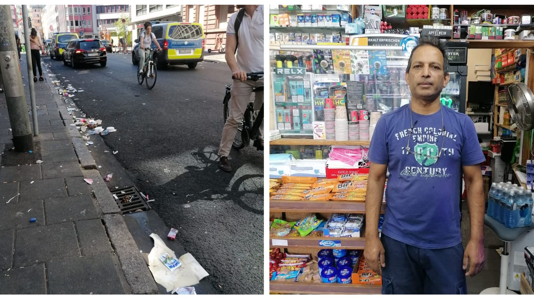 Blick auf die Frankfurter Niddastraße und Kioskbesitzer Poopalasingham Mahesan (Montage): Aus Angst schließt der Mann seinen Laden manchmal früher.