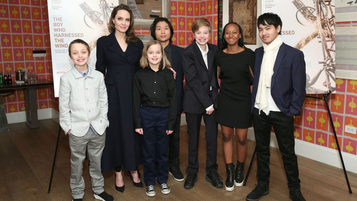 Angelina Jolie: Hier posiert die Filmdarstellerin mit ihren Kindern Knox, Vivienne, Pax, Shiloh, Zahara und Maddox.
