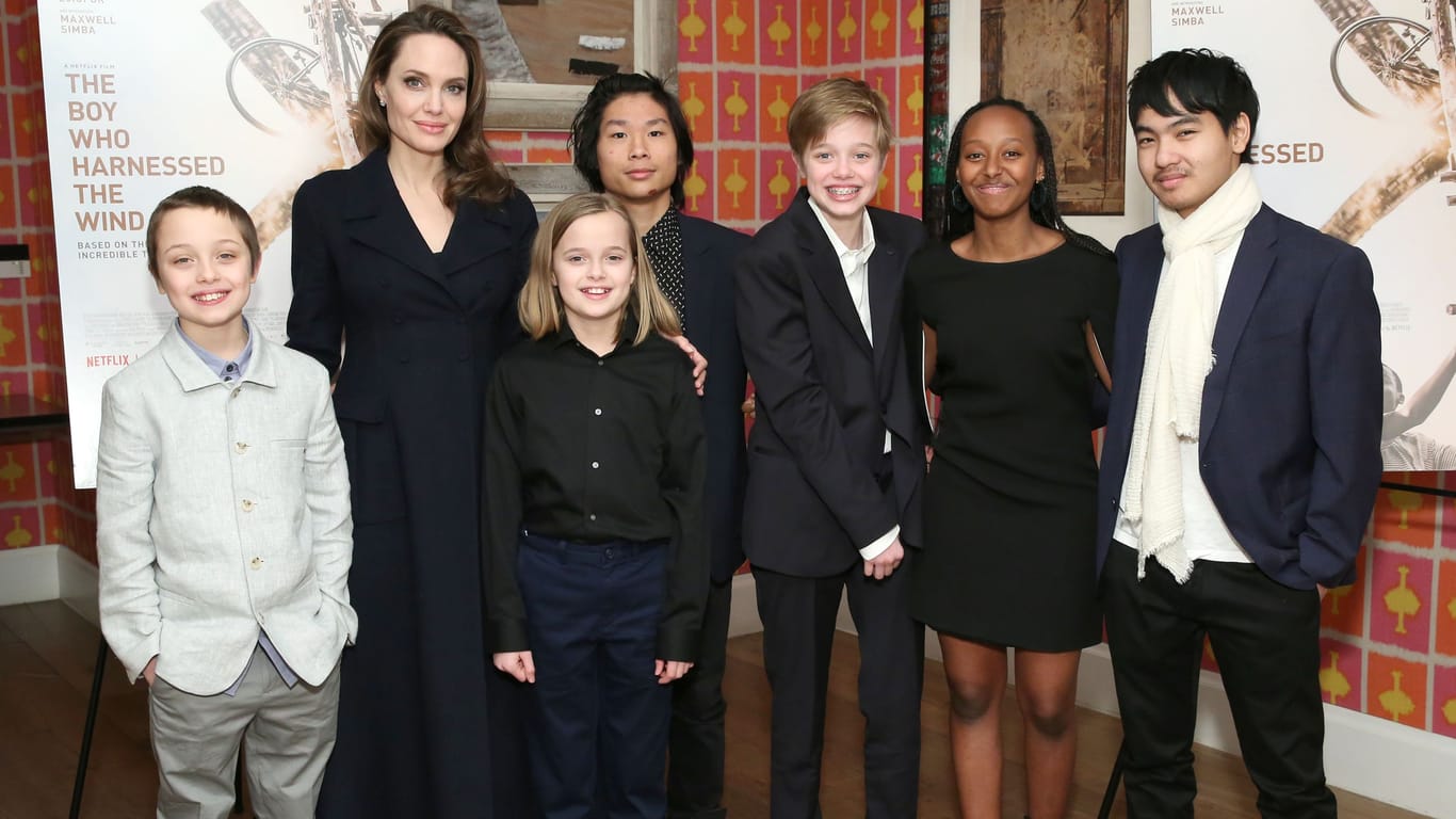 Angelina Jolie: Hier posiert die Filmdarstellerin mit ihren Kindern Knox, Vivienne, Pax, Shiloh, Zahara und Maddox.