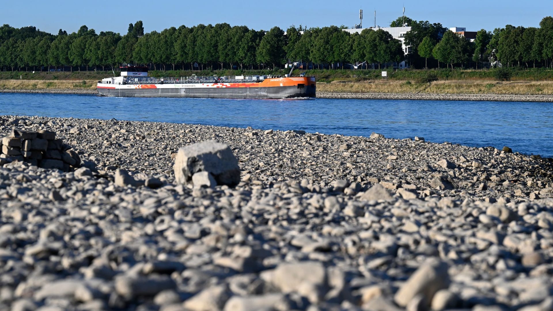 Ein Schiff fährt auf dem Rhein bei Köln. Auch Frachtschiffe drohen auf Grund zu laufen.