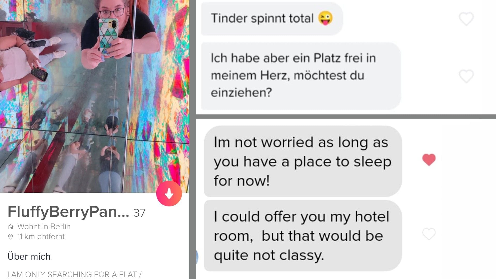 Links: Rays Tinder-Profi. Daneben Nachrichten, die sie erhielt.