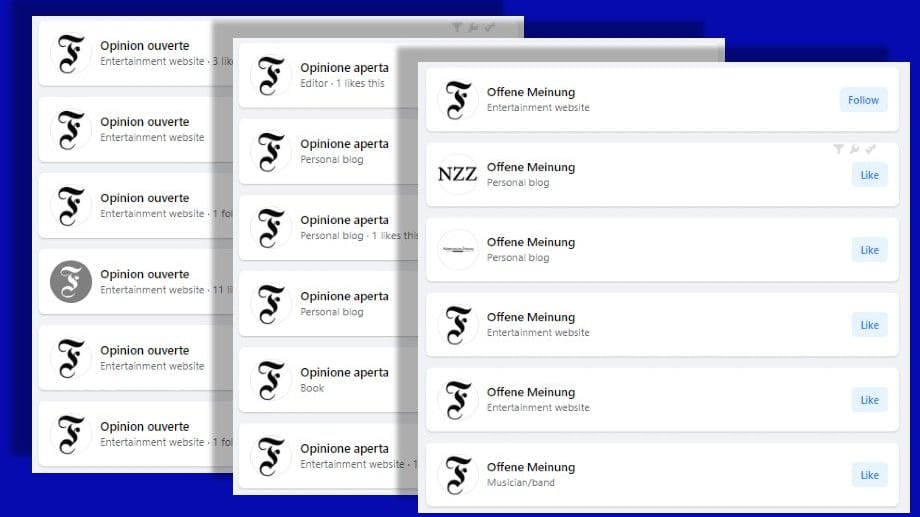 "Offene Meinung": Mit Logo der FAZ und vereinzelt anderer Medien sind in den vergangenen Wochen Seiten für verschiedene Sprachen angelegt worden, auf denen auch Fake-Artikel gepostet werden.