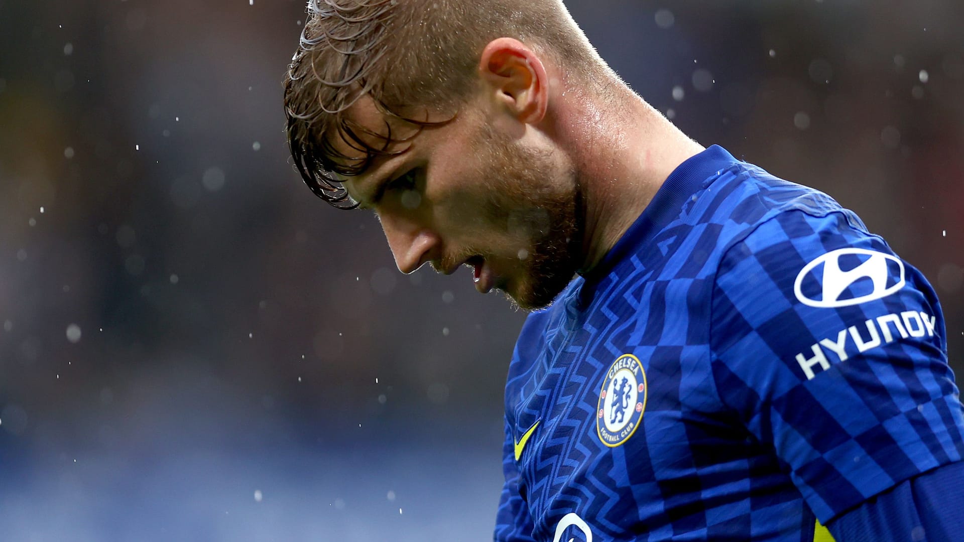 LONDON, ENGLAND - OCTOBER 02: Timo Werner of Chelsea reacts during the Premier League match between Chelsea and Southampton at Stamford Bridge on October 02, 2021 in London, England.