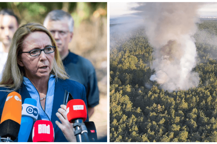 Polizeipräsidentin/Waldbrand (Collage): Auf dem Platz im Grunewald werden Sprengkörper durch die Polizei unschädlich gemacht.