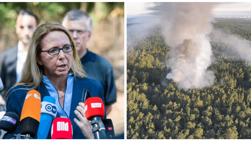 Polizeipräsidentin/Waldbrand (Collage): Auf dem Platz im Grunewald werden Sprengkörper durch die Polizei unschädlich gemacht.