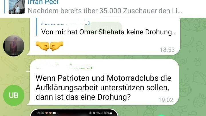 Kommentare in der Telegram-Chatgruppe von Irfan Peci.