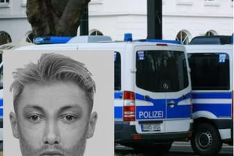Das Phantombild des mutmaßlichen Vergewaltigers vor Einsatzwagen der Polizei (Fotomontage): Die Beamten hoffen auf Hinweise.