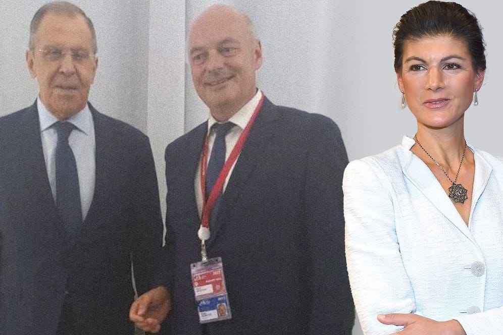 Sahra Wagenknecht, Russlands Aussenminister Sergej Lawrow und Ralph T. Niemeyer (Kollage): Der Ex-Mann der Politikerin gibt sich in Russland als "Exil-Kanzler" aus.