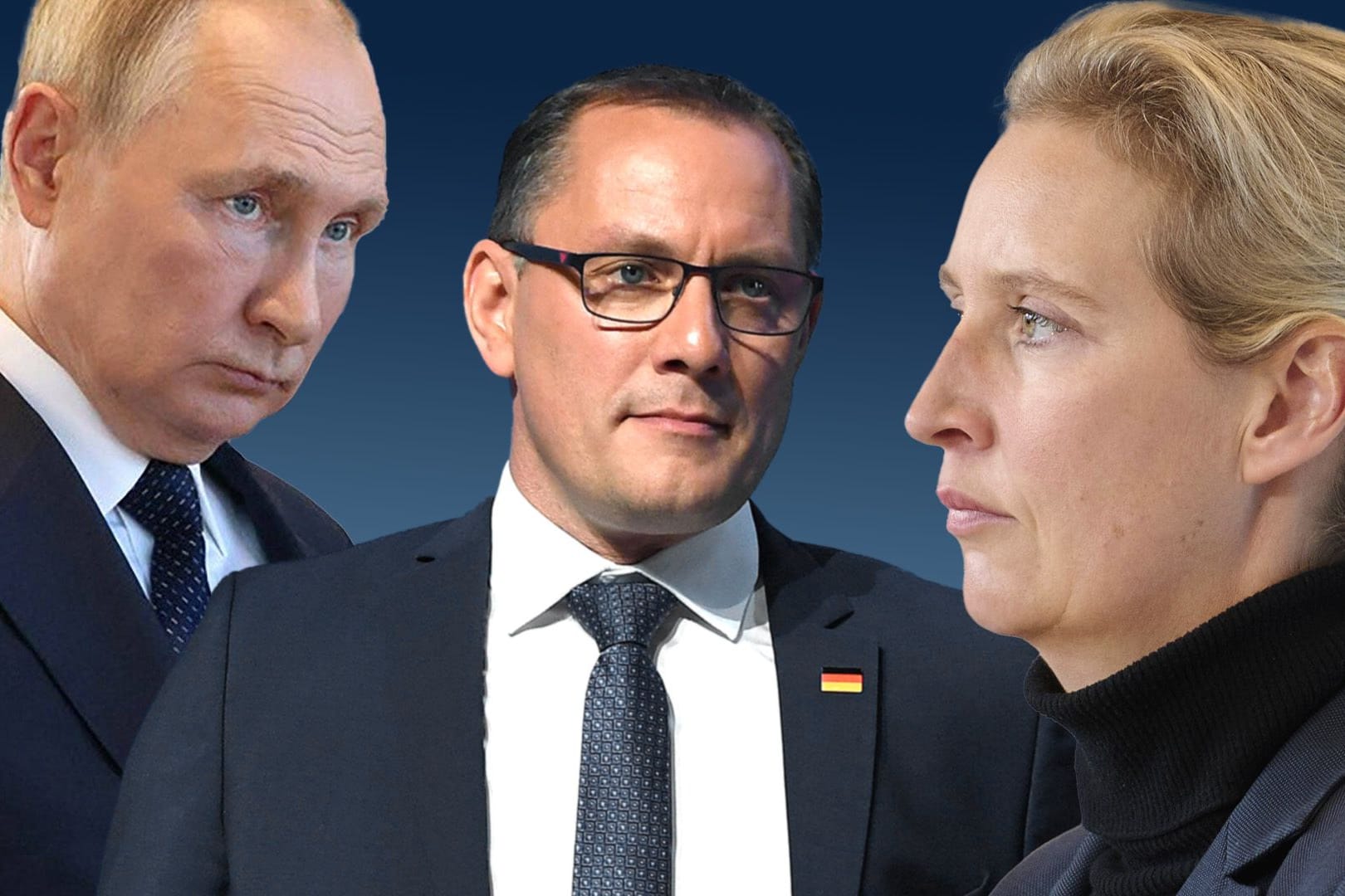 Russlands Präsident Putin (l.), AfD-Parteichefs Tino Chrupalla und Alice Weidel: Teile der Partei halten die Fahne für Russland, nicht für Deutschland hoch, kritisieren selbst Mitglieder der Partei.