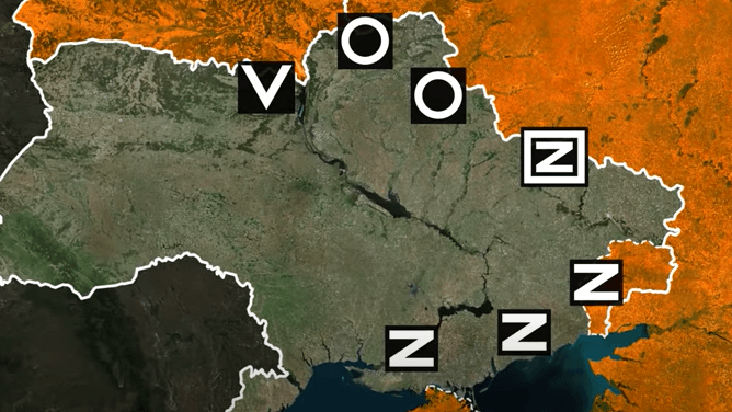 V, O, Z: Das US-amerikanische Portal "Battle Order" analysierte in der ersten Phase des Krieges, wo welche taktischen Symbole auftauchten. Die Recherche wurde auch in großen oppositionellen russischen Kanälen verbreitet.