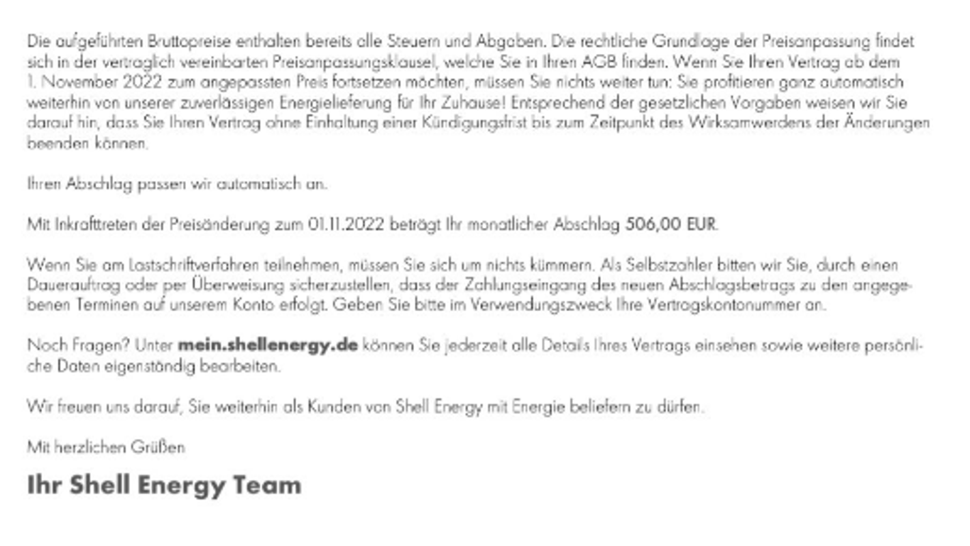 Das Schreiben von Shell an Max: 506 Euro müsste er ab dem 1. November zahlen.