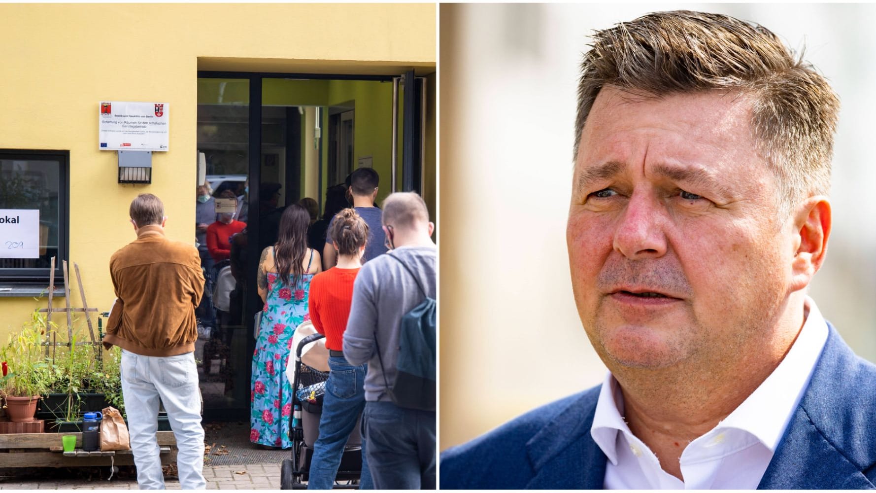 Schlange vor Wahllokal/Andreas Geisel (Collage): Die Opposition im Berliner Abgeordnetenhaus fordert nach der Pannen-Wahl in Berlin seinen Rücktritt. Schlange vor Wahllokal/Andreas Geisel (Collage): Die Opposition im Berliner Abgeordnetenhaus fordert nach der Pannen-Wahl in Berlin seinen Rücktritt.