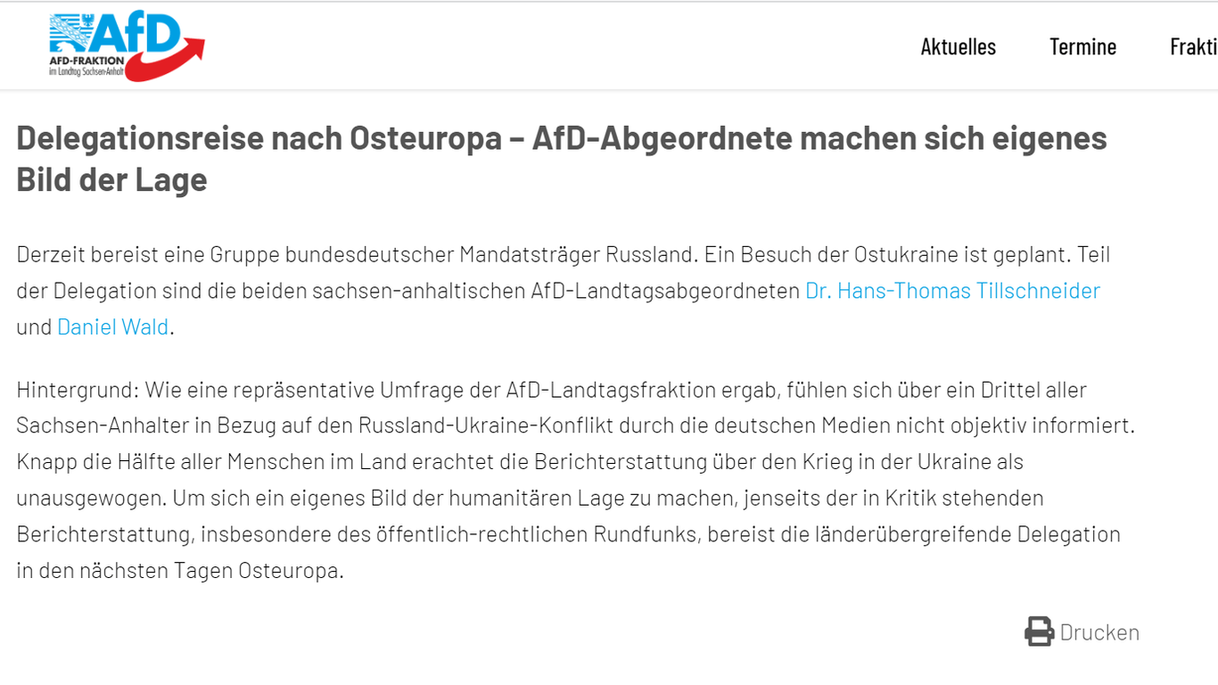 Screenshot vom Beitrag der AfD-Fraktion in Sachsen-Anhalt zur Donbass-Reise: Die Delegation wolle sich ein eigenes Bild von der humanitären Lage machen, heißt es da.