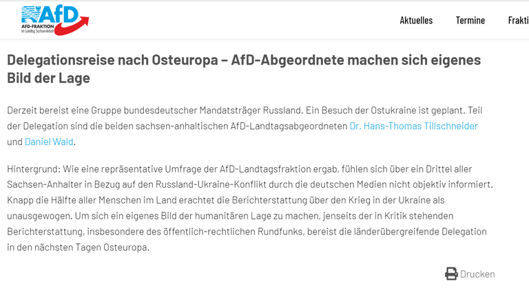 Screenshot vom Beitrag der AfD-Fraktion in Sachsen-Anhalt zur Donbass-Reise: Die Delegation wolle sich ein eigenes Bild von der humanitären Lage machen, heißt es da.
