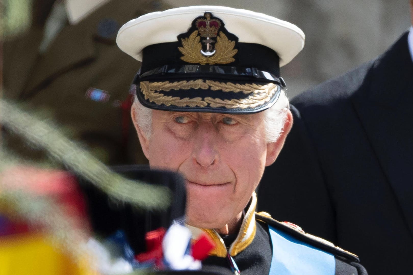 . 19/09/2022. London, United Kingdom. King Charles III, Prince William and Prince Harry watch the coffin of Queen Eliza